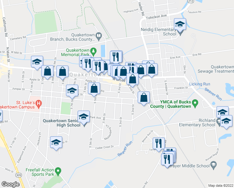 map of restaurants, bars, coffee shops, grocery stores, and more near 38 South 3rd Street in Quakertown