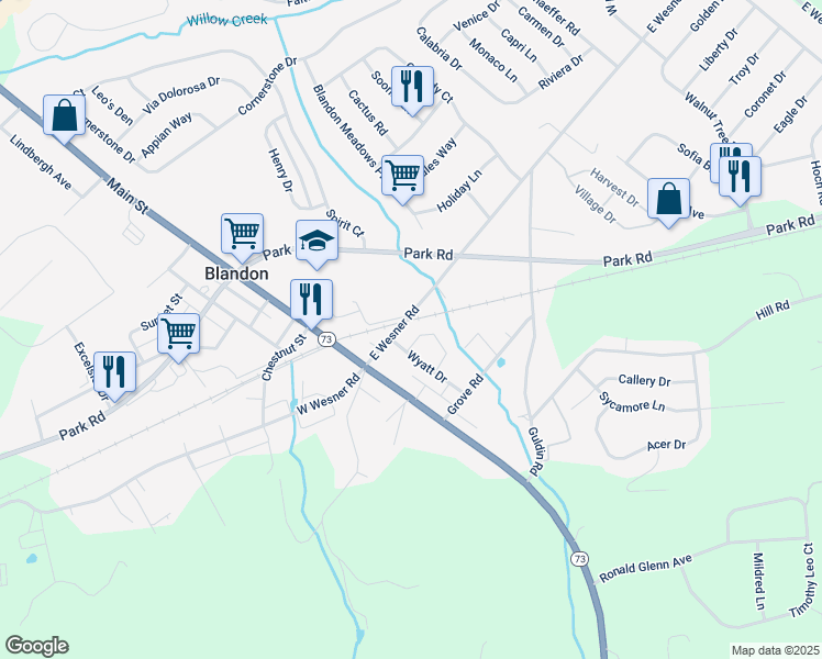 map of restaurants, bars, coffee shops, grocery stores, and more near 120 White Birch Ln in Blandon