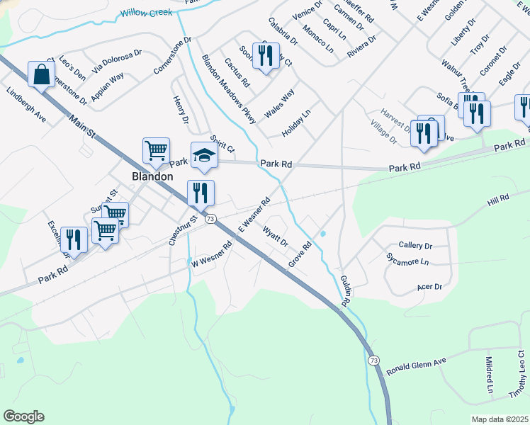 map of restaurants, bars, coffee shops, grocery stores, and more near 120 White Birch Ln in Blandon