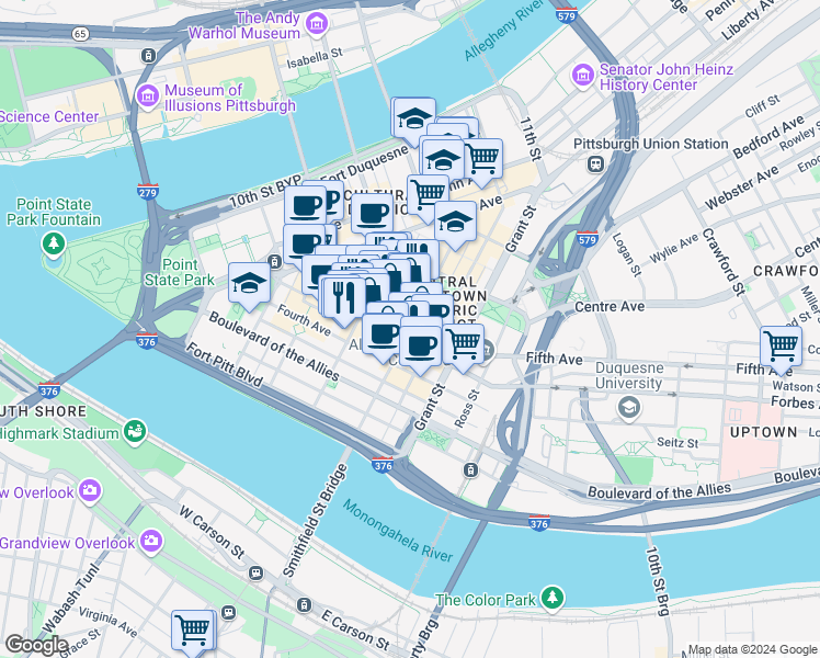 map of restaurants, bars, coffee shops, grocery stores, and more near Smithfield Street in Pittsburgh