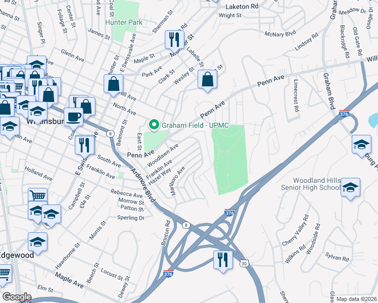 map of restaurants, bars, coffee shops, grocery stores, and more near 1437 Franklin Avenue in Pittsburgh