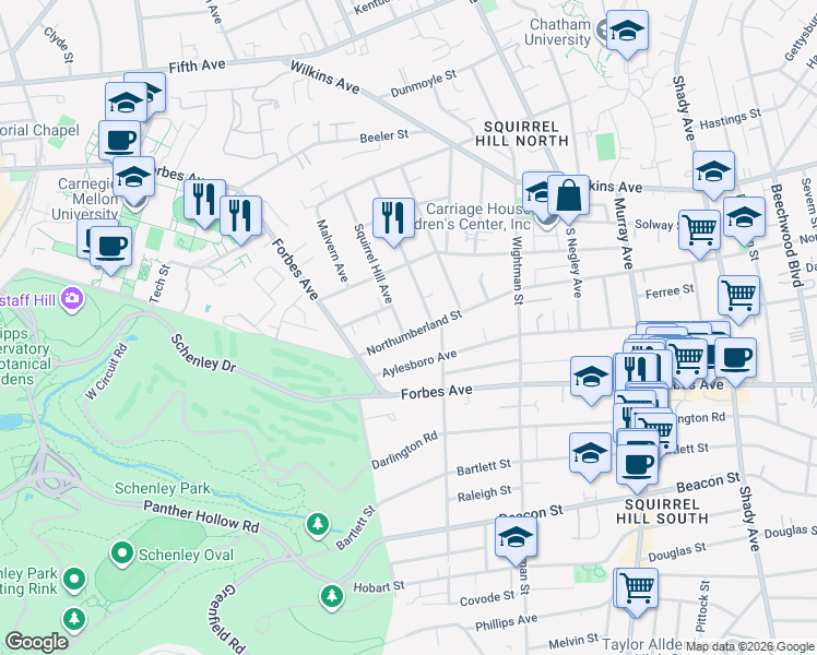 map of restaurants, bars, coffee shops, grocery stores, and more near 1453 Squirrel Hill Avenue in Pittsburgh