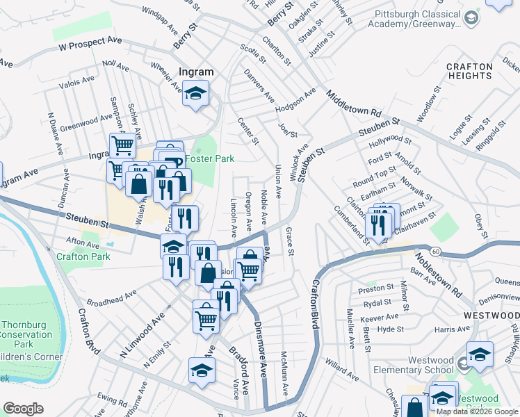map of restaurants, bars, coffee shops, grocery stores, and more near 50 Oregon Avenue in Pittsburgh