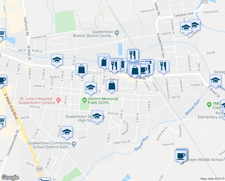 map of restaurants, bars, coffee shops, grocery stores, and more near 501 Juniper Street in Quakertown