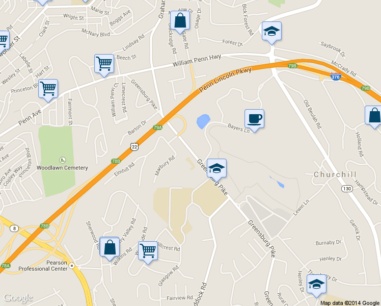 map of restaurants, bars, coffee shops, grocery stores, and more near 2430 Greensburg Pike in Pittsburgh