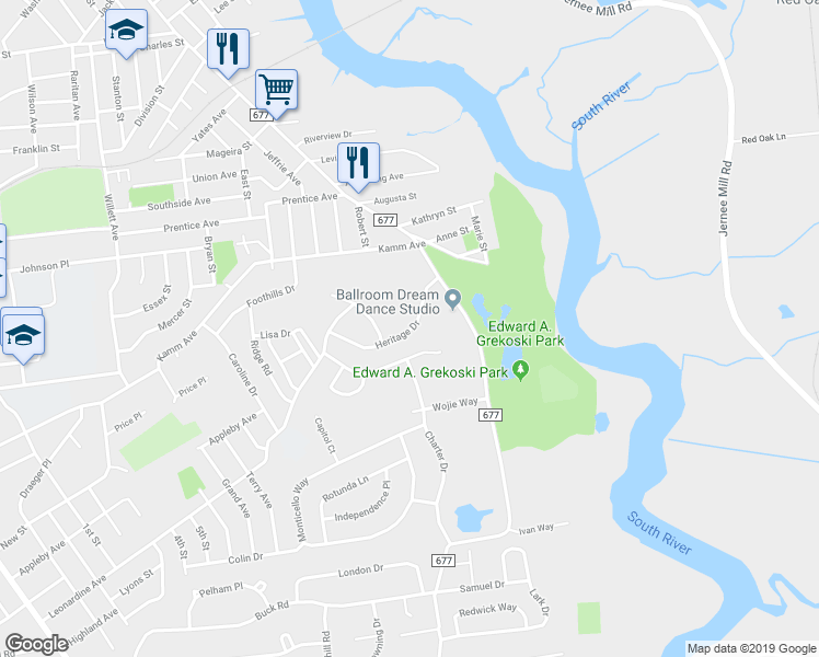map of restaurants, bars, coffee shops, grocery stores, and more near 21 Heritage Drive in South River