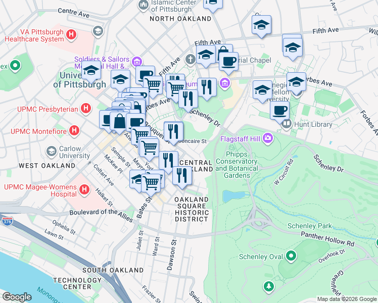 map of restaurants, bars, coffee shops, grocery stores, and more near 371 South Bouquet Street in Allegheny