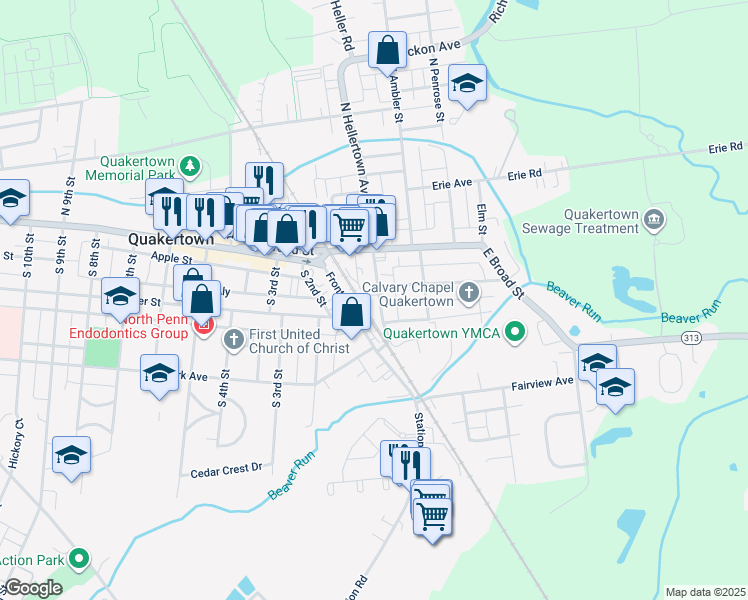 map of restaurants, bars, coffee shops, grocery stores, and more near 108 South Hellertown Avenue in Quakertown