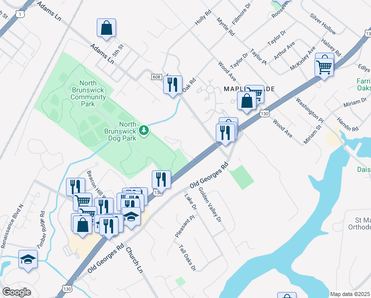 map of restaurants, bars, coffee shops, grocery stores, and more near 105 Dillion Court in North Brunswick Township