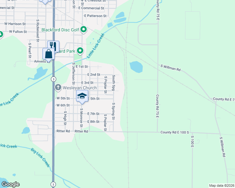 map of restaurants, bars, coffee shops, grocery stores, and more near 1321 South Spring Street in Hartford City
