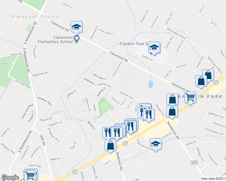 map of restaurants, bars, coffee shops, grocery stores, and more near 1 Daniel Drive in Franklin Township
