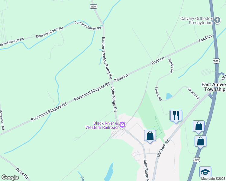 map of restaurants, bars, coffee shops, grocery stores, and more near 140 John Ringo Road in East Amwell Township