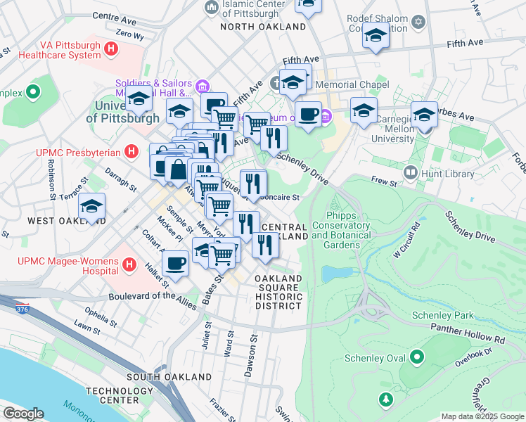 map of restaurants, bars, coffee shops, grocery stores, and more near 341 South Bouquet Street in Pittsburgh