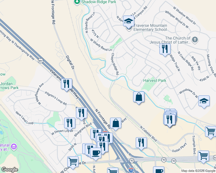 map of restaurants, bars, coffee shops, grocery stores, and more near 4205 Chapel Ridge Road in Lehi