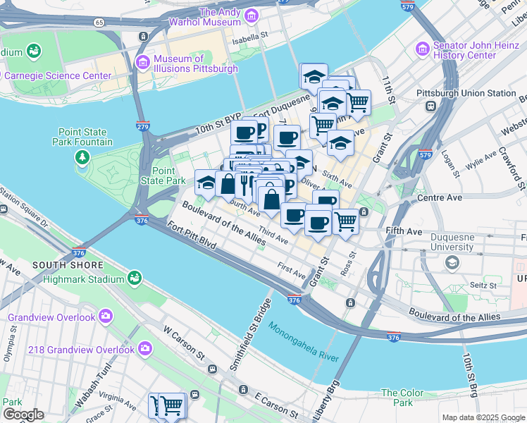 map of restaurants, bars, coffee shops, grocery stores, and more near 3 PPG Place in Pittsburgh