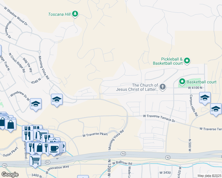map of restaurants, bars, coffee shops, grocery stores, and more near 4200 North Seasons View Drive in Lehi