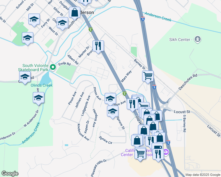map of restaurants, bars, coffee shops, grocery stores, and more near 2300 California 273 in Anderson