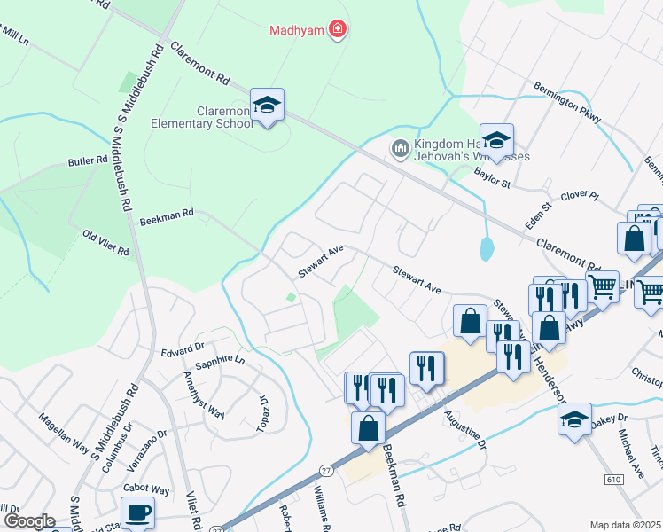 map of restaurants, bars, coffee shops, grocery stores, and more near 27 Caitlin Court in Franklin Township