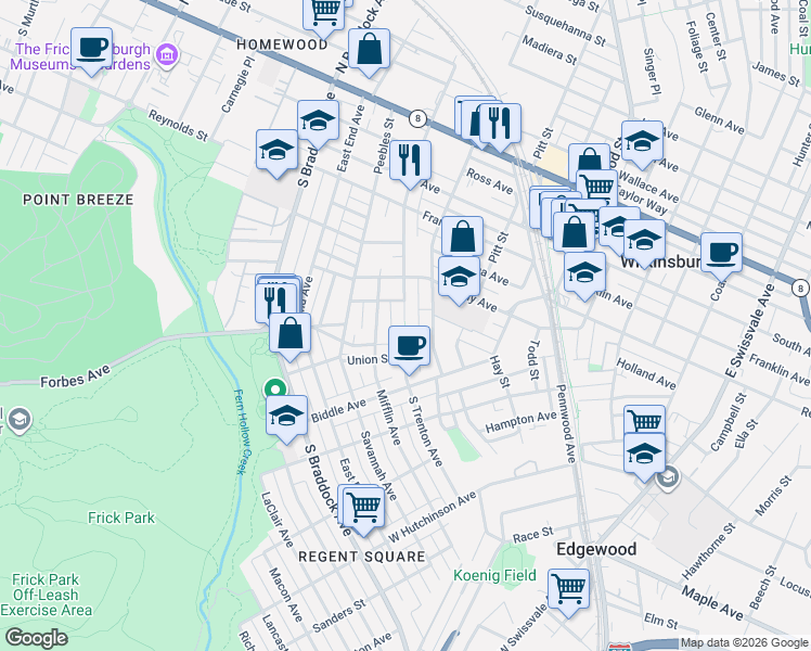 map of restaurants, bars, coffee shops, grocery stores, and more near 535 Virgil Way in Pittsburgh