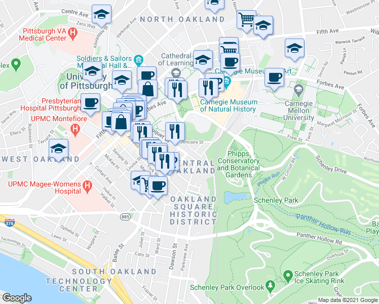 map of restaurants, bars, coffee shops, grocery stores, and more near 418 Yarrow Way in Pittsburgh