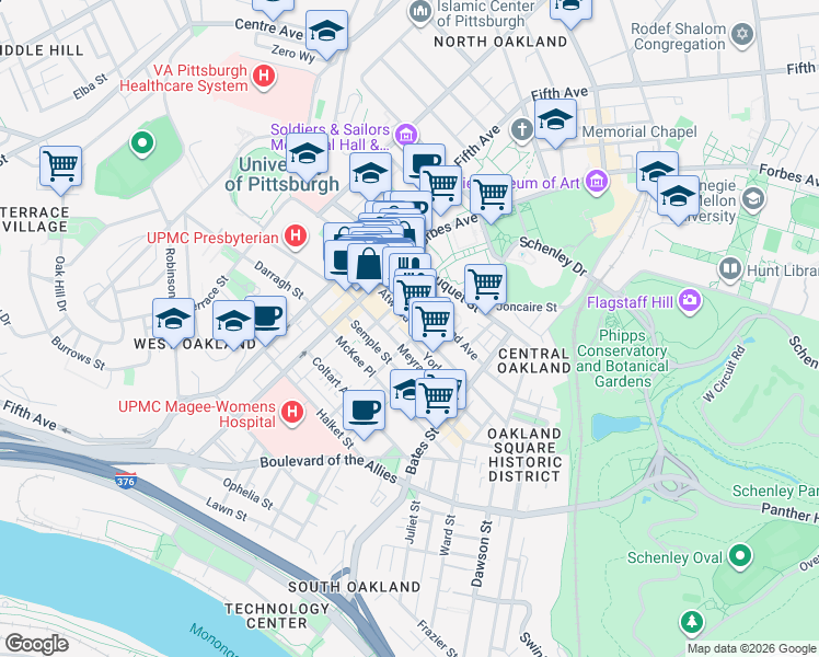 map of restaurants, bars, coffee shops, grocery stores, and more near 253 Atwood Street in Pittsburgh