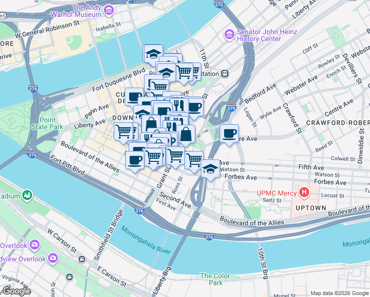 map of restaurants, bars, coffee shops, grocery stores, and more near in Pittsburgh