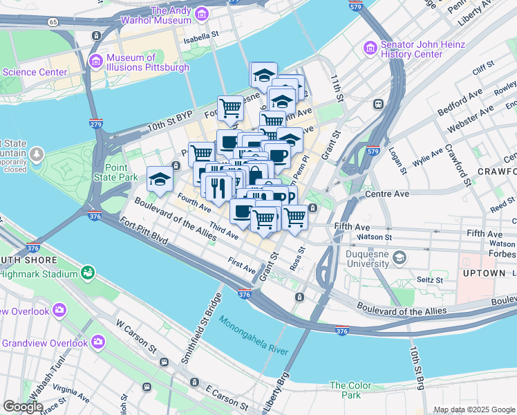 map of restaurants, bars, coffee shops, grocery stores, and more near 342 Fifth Avenue in Pittsburgh