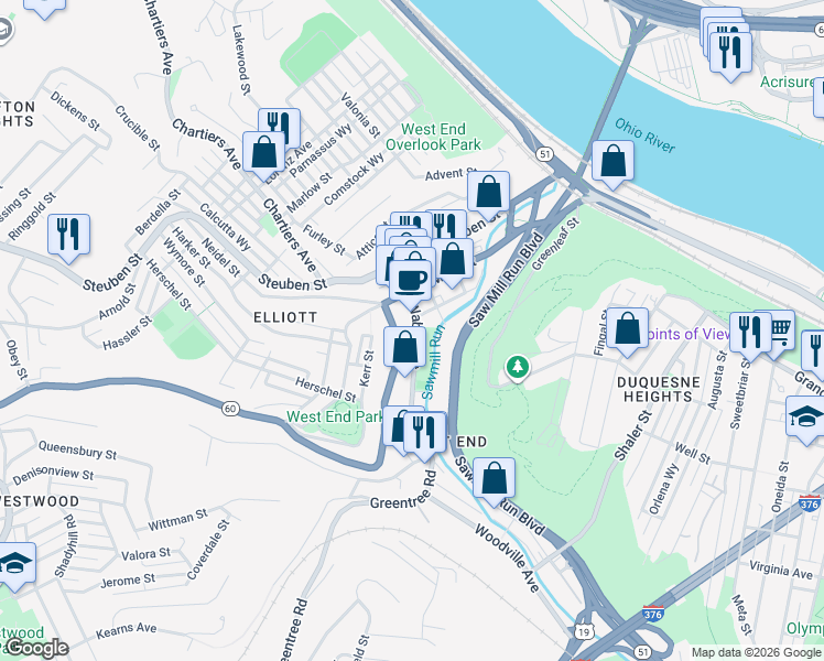 map of restaurants, bars, coffee shops, grocery stores, and more near 47 Wabash Street in Pittsburgh