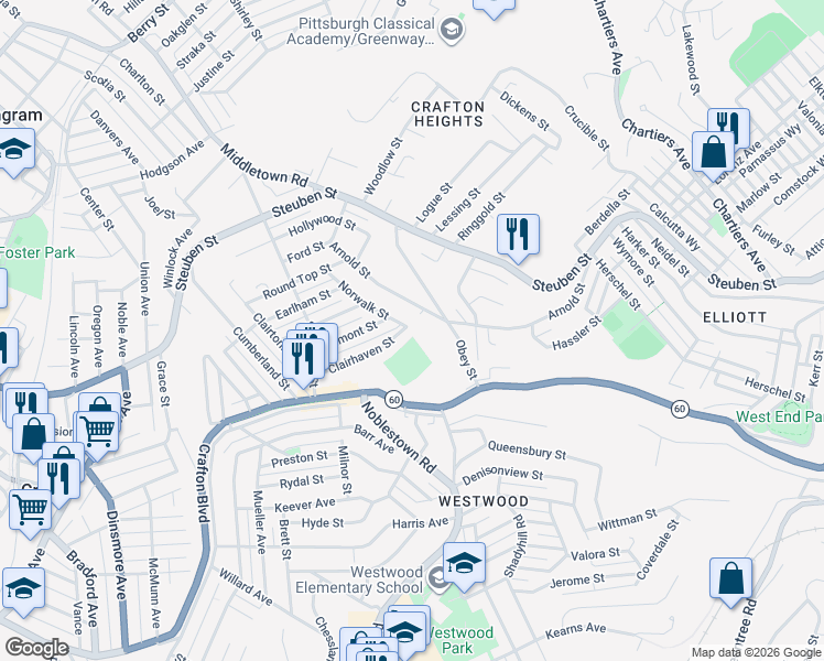 map of restaurants, bars, coffee shops, grocery stores, and more near 210 Clairhaven Street in Pittsburgh
