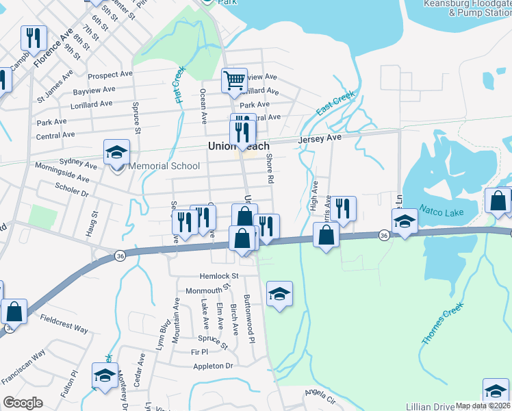 map of restaurants, bars, coffee shops, grocery stores, and more near 1304 Union Avenue in Union Beach