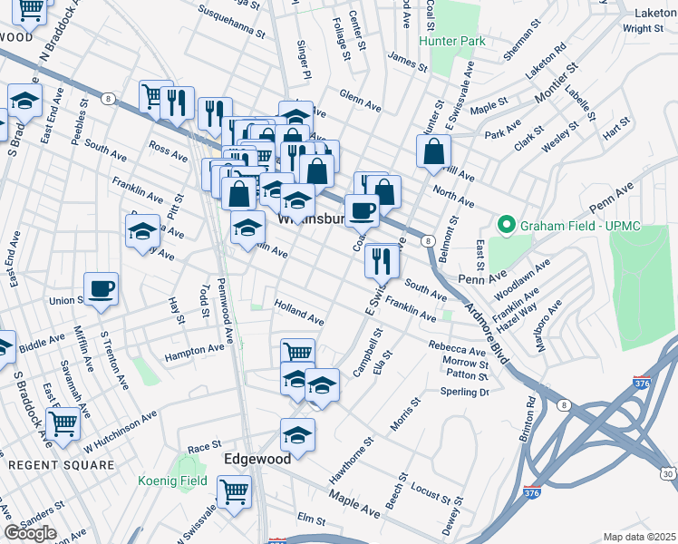map of restaurants, bars, coffee shops, grocery stores, and more near 925 Franklin Avenue in Pittsburgh