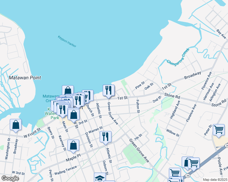 map of restaurants, bars, coffee shops, grocery stores, and more near 73 East Front Street in Keyport