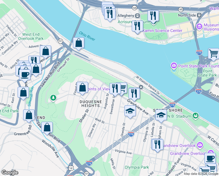 map of restaurants, bars, coffee shops, grocery stores, and more near in Pittsburgh