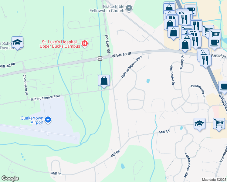 map of restaurants, bars, coffee shops, grocery stores, and more near 2050 Portzer Road in Quakertown