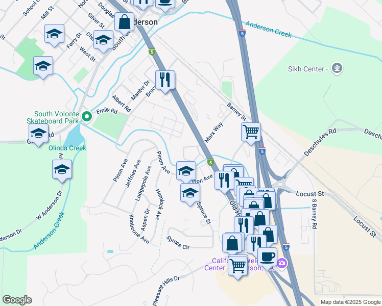 map of restaurants, bars, coffee shops, grocery stores, and more near 2300 California 273 in Anderson