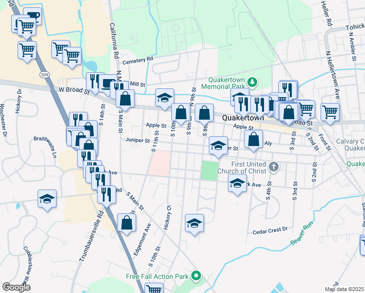 map of restaurants, bars, coffee shops, grocery stores, and more near 908 Juniper Street in Quakertown