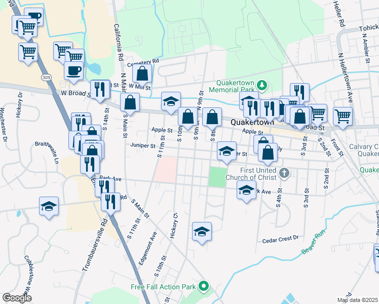 map of restaurants, bars, coffee shops, grocery stores, and more near 908 Juniper Street in Quakertown