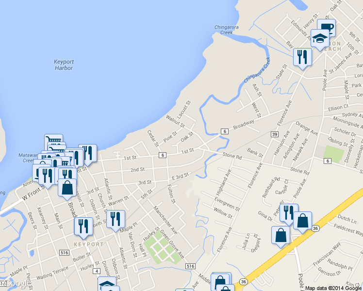 map of restaurants, bars, coffee shops, grocery stores, and more near 25 Oak St in Keyport