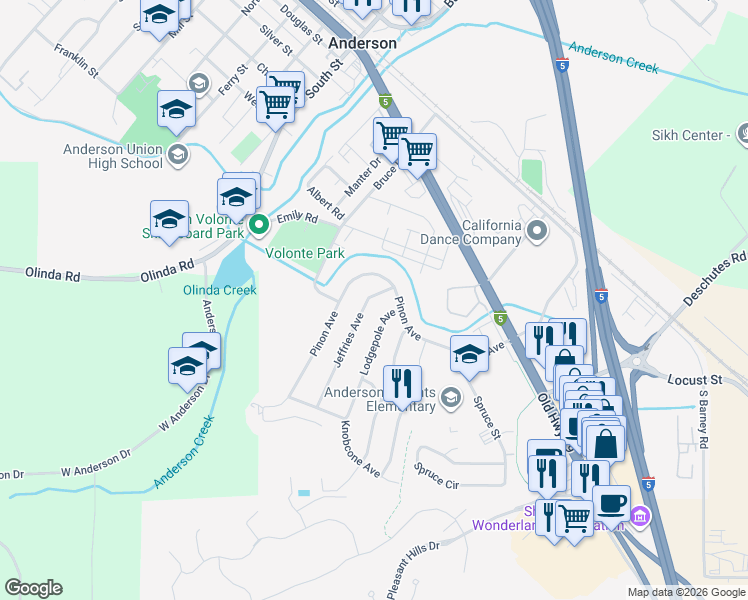 map of restaurants, bars, coffee shops, grocery stores, and more near 1571 Jeffries Avenue in Anderson