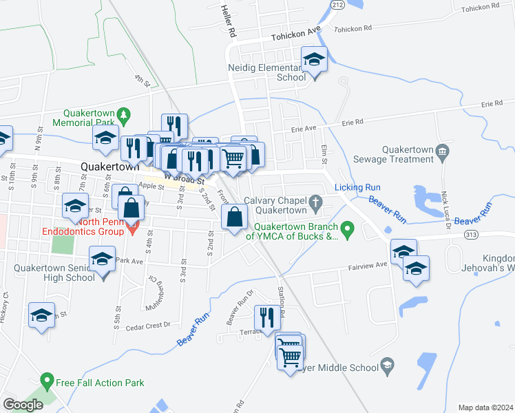 map of restaurants, bars, coffee shops, grocery stores, and more near 107 South Hellertown Avenue in Quakertown