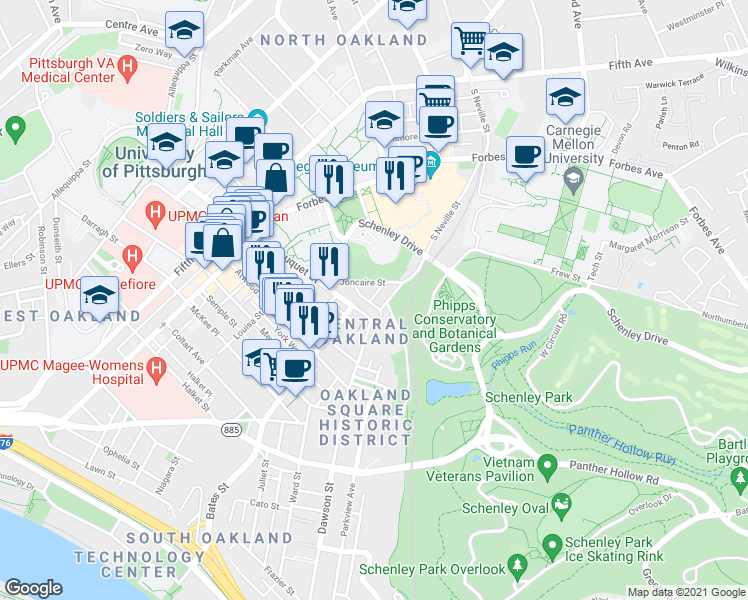 map of restaurants, bars, coffee shops, grocery stores, and more near 418 Yarrow Way in Pittsburgh