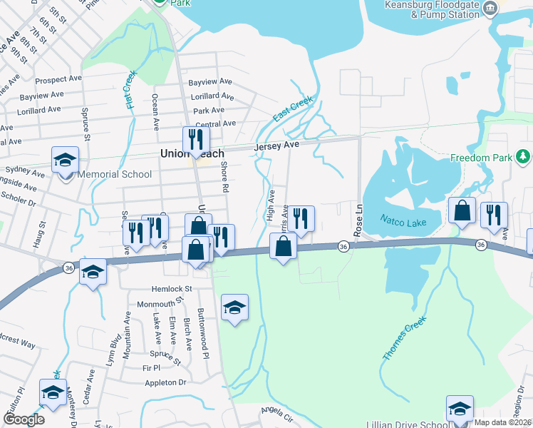 map of restaurants, bars, coffee shops, grocery stores, and more near 1205 High Avenue in Union Beach