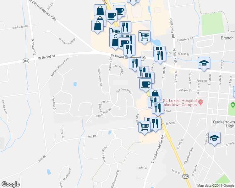 map of restaurants, bars, coffee shops, grocery stores, and more near 34 Braithwaite Lane in Quakertown