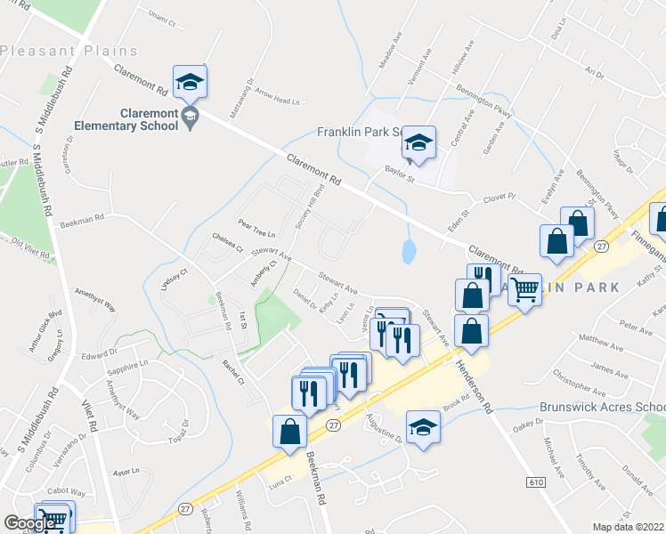 map of restaurants, bars, coffee shops, grocery stores, and more near 48 Crabapple Lane in Franklin Township