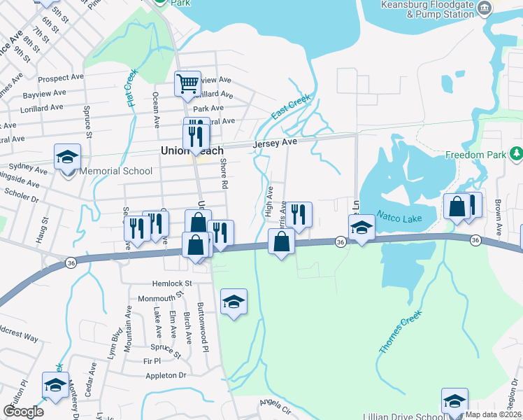 map of restaurants, bars, coffee shops, grocery stores, and more near 1205 High Ave in Union Beach