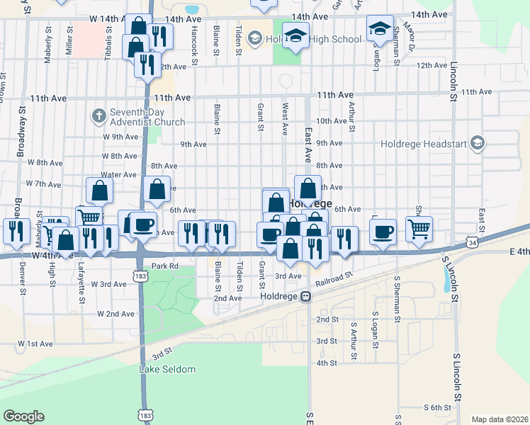 map of restaurants, bars, coffee shops, grocery stores, and more near 617 6th Avenue in Holdrege
