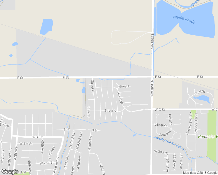 map of restaurants, bars, coffee shops, grocery stores, and more near 399 Street W in Greeley