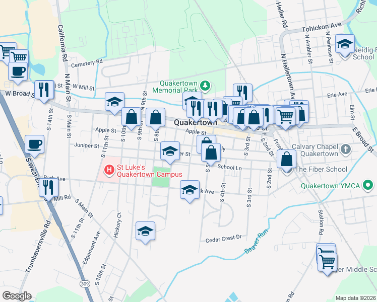 map of restaurants, bars, coffee shops, grocery stores, and more near 601 Juniper Street in Quakertown