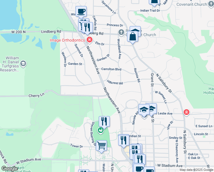map of restaurants, bars, coffee shops, grocery stores, and more near 1420 Northwestern Ave in West Lafayette