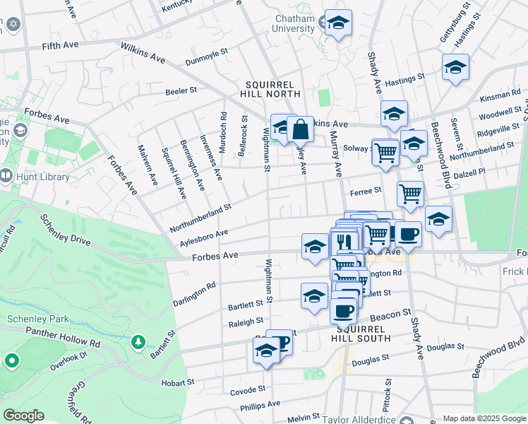 map of restaurants, bars, coffee shops, grocery stores, and more near 5601 Aylesboro Avenue in Pittsburgh